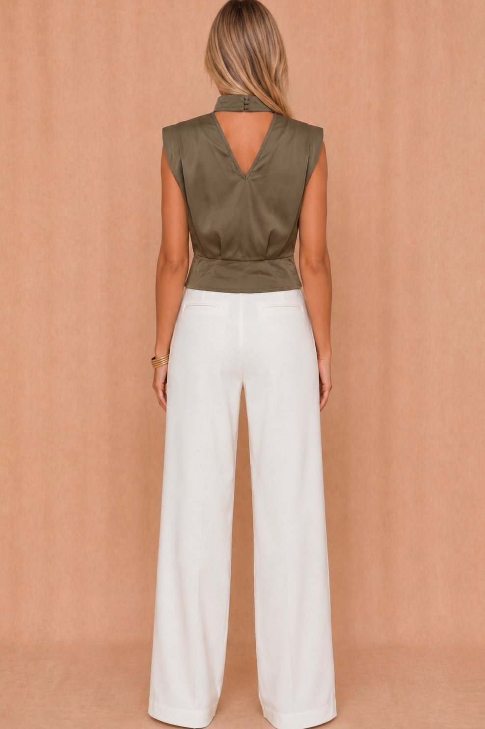 Lilly Khaki Satin Shoulder Padded Top