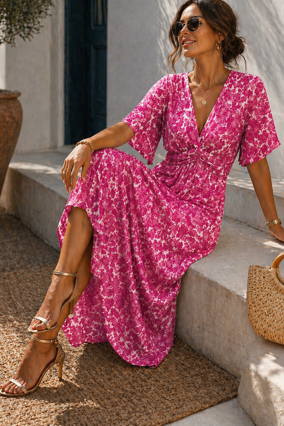 Linda Pink Cotton Print Maxi Dress
