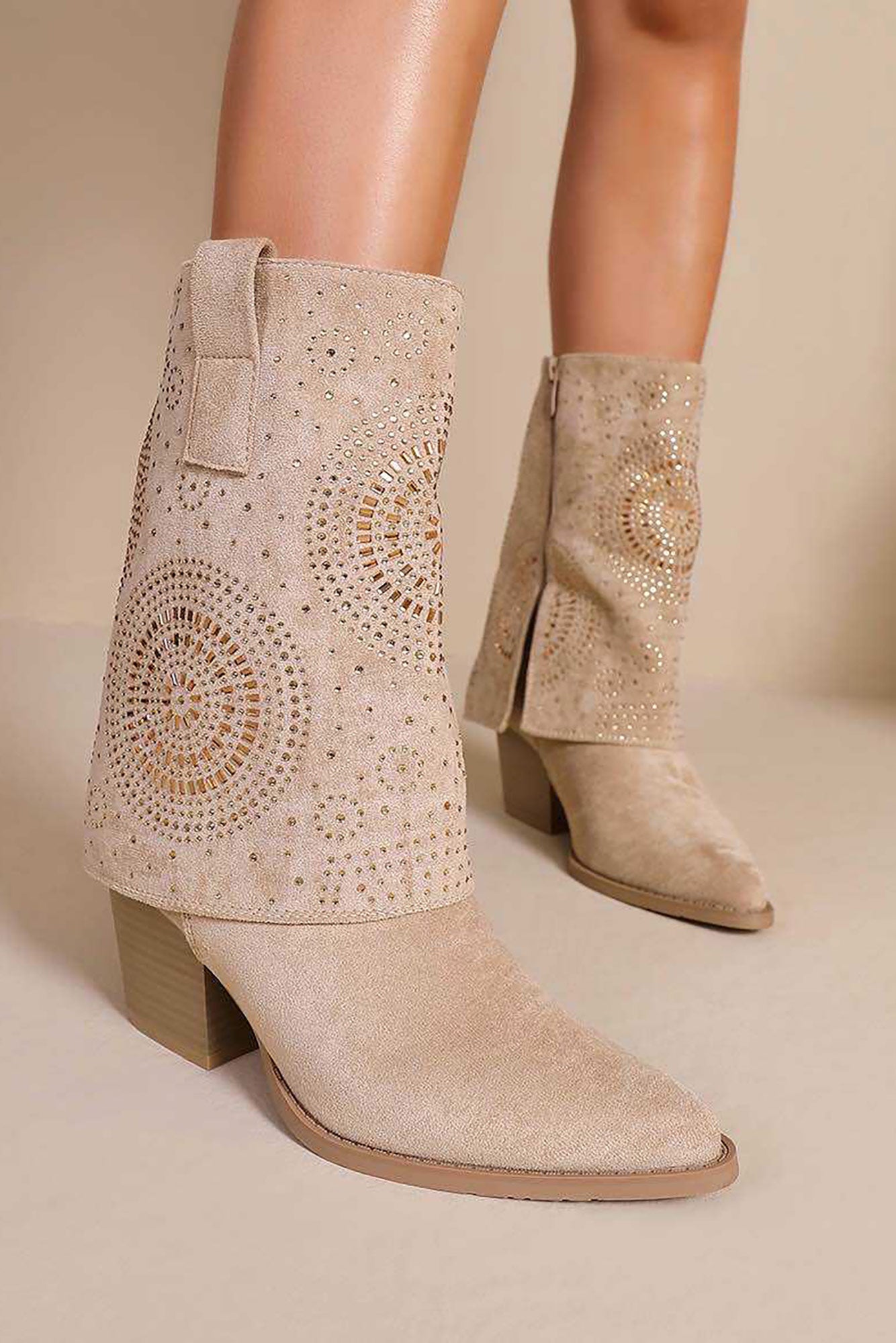 Lola Taupe Suedette Diamante Foldover Boots