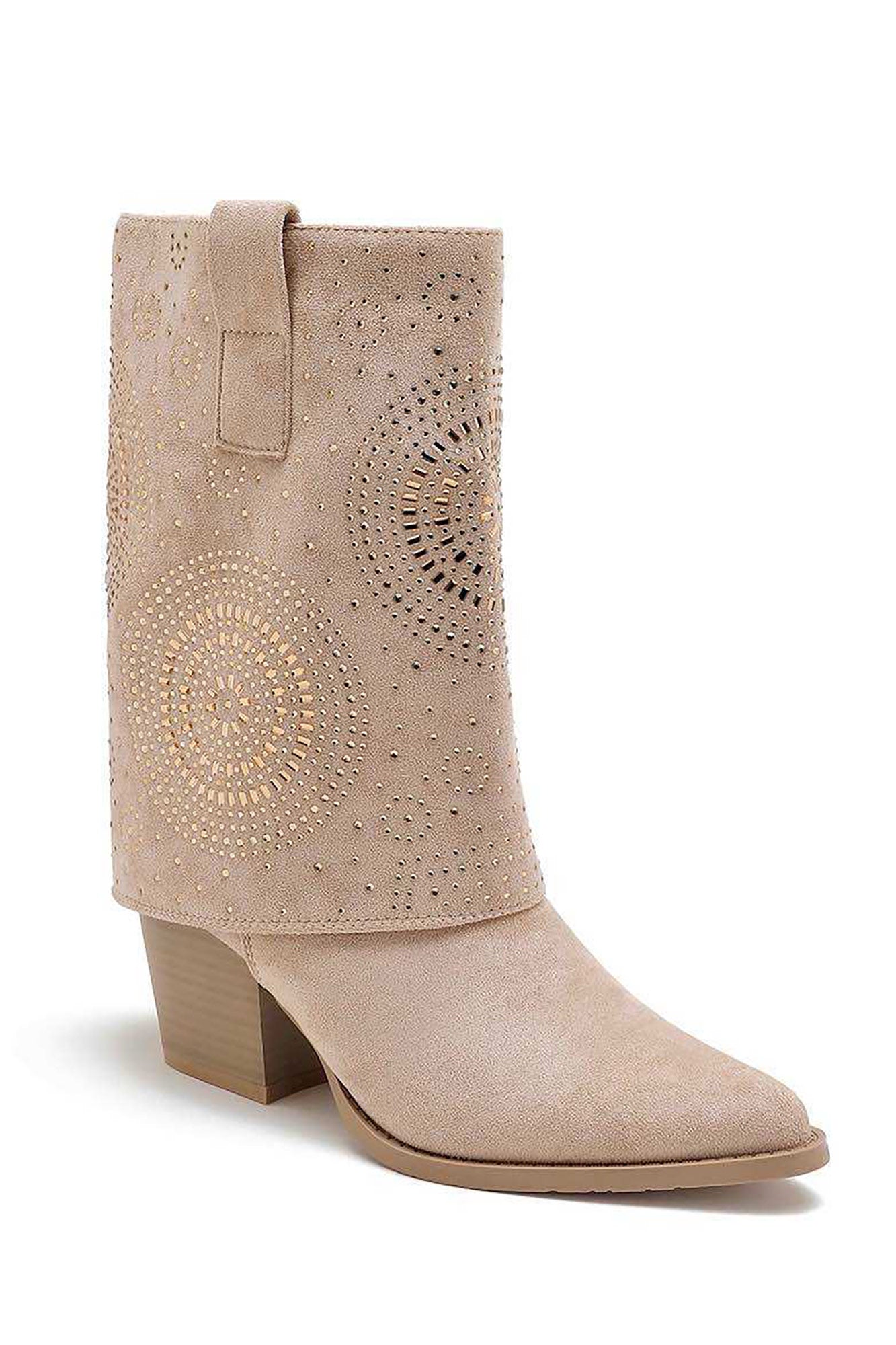 Lola Taupe Suedette Diamante Foldover Boots