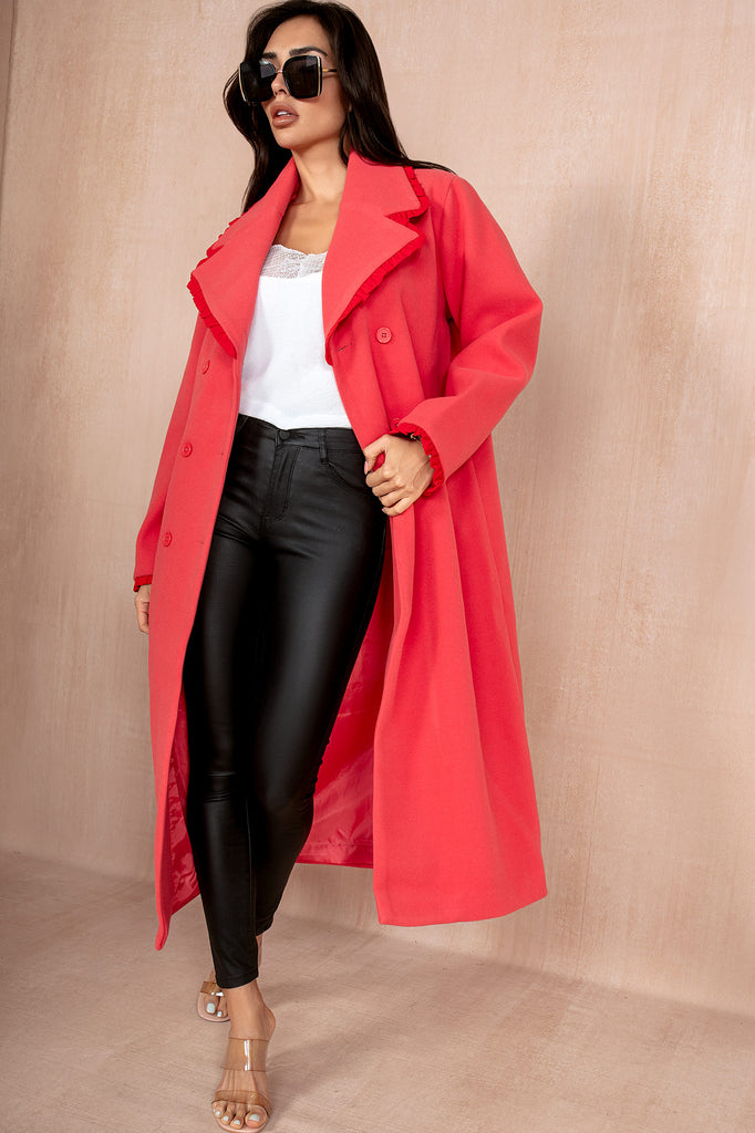 Lori Deep Coral Frill Trim Coat