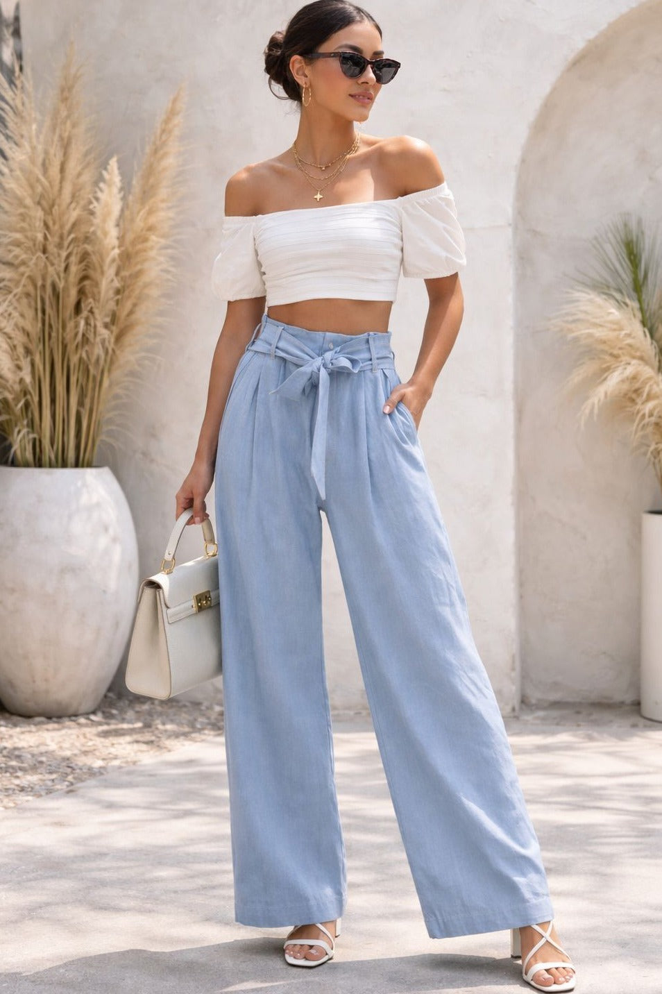 Lotus Blue Cotton Pleated Wide Leg Trousers