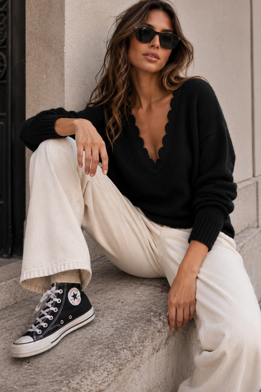 Louisa Black Knit V Neck Jumper