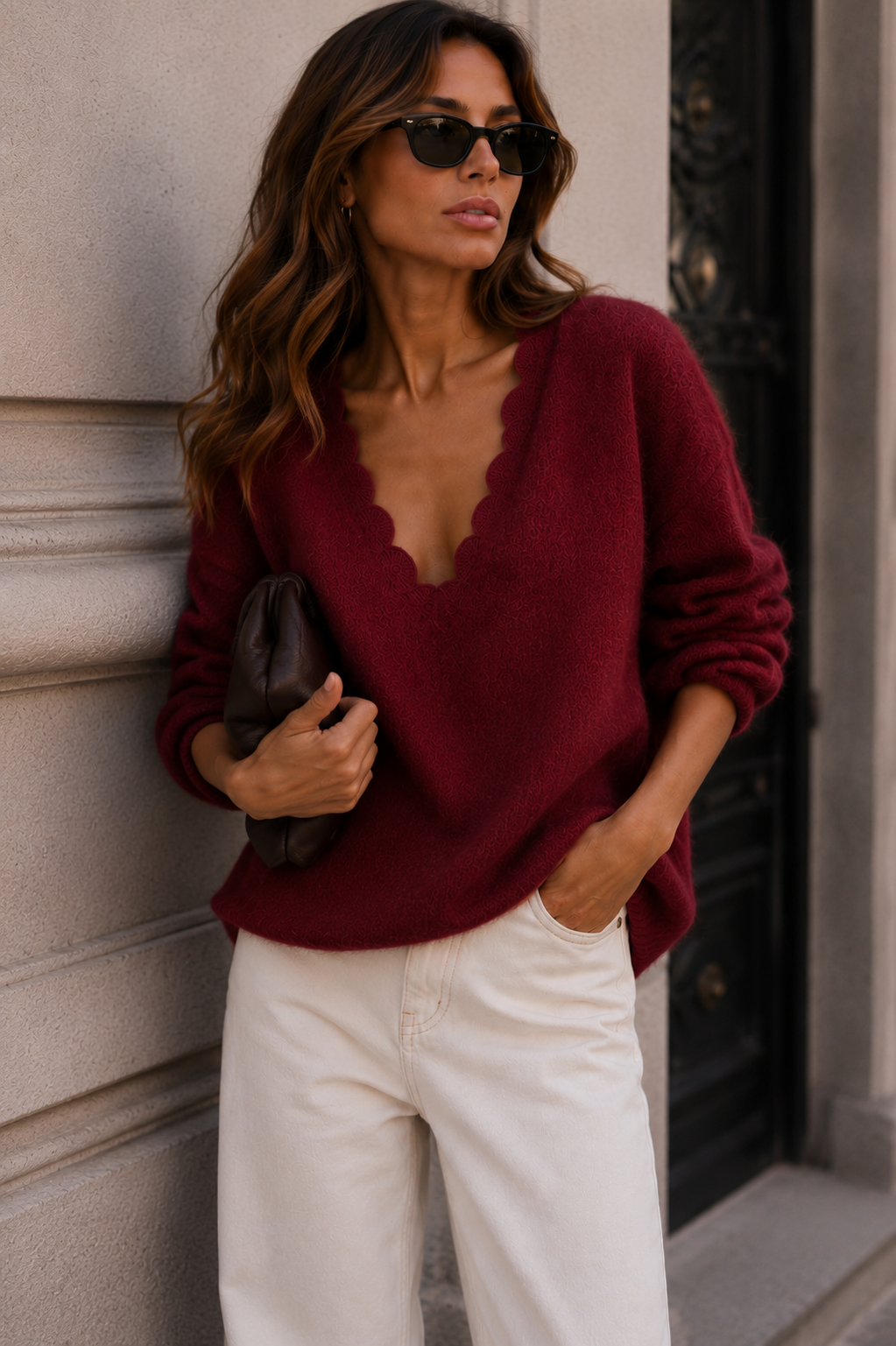 Louisa Wine Knit V Neck Jumper