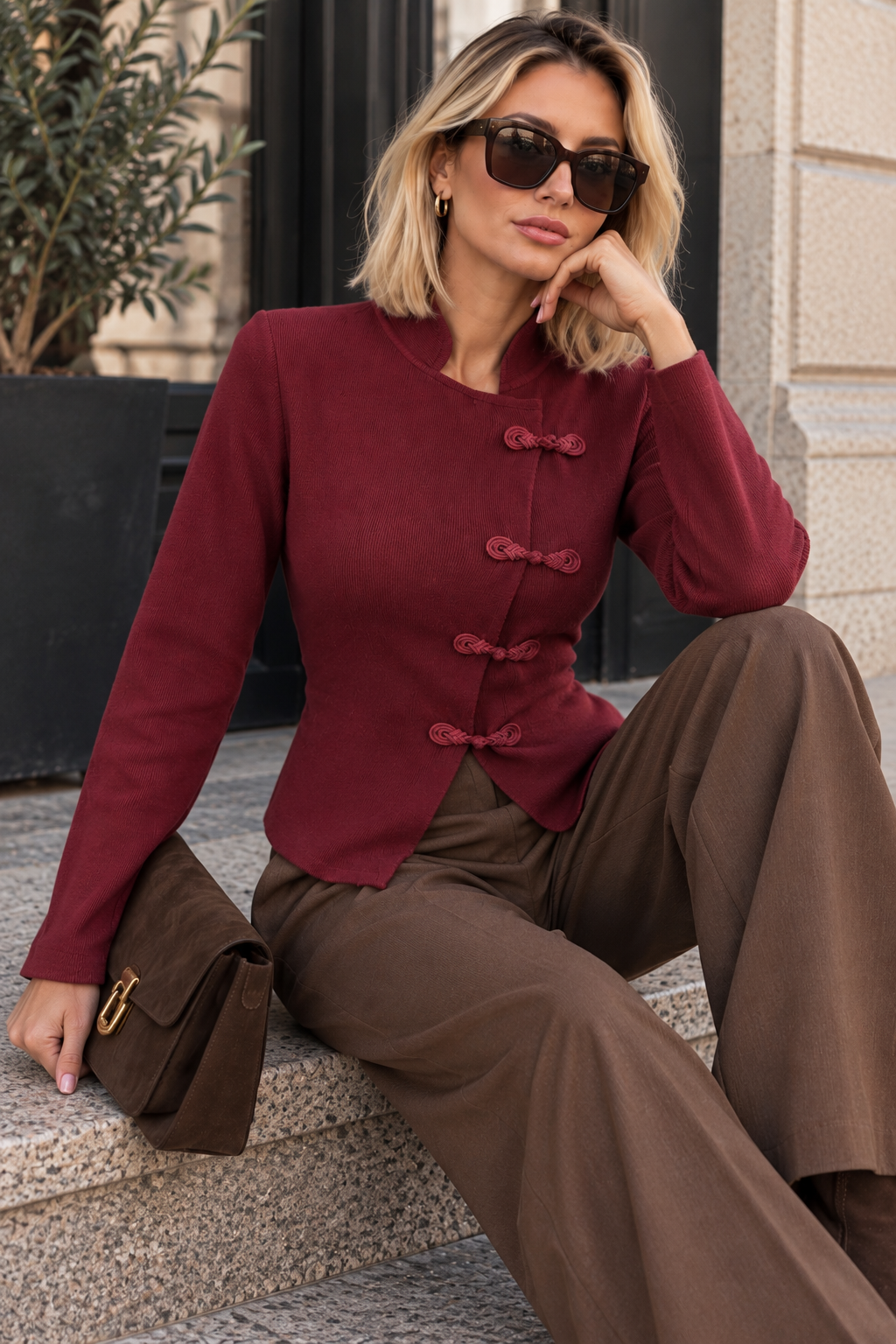 Luzia Burgundy Fine Knit Toggle Top