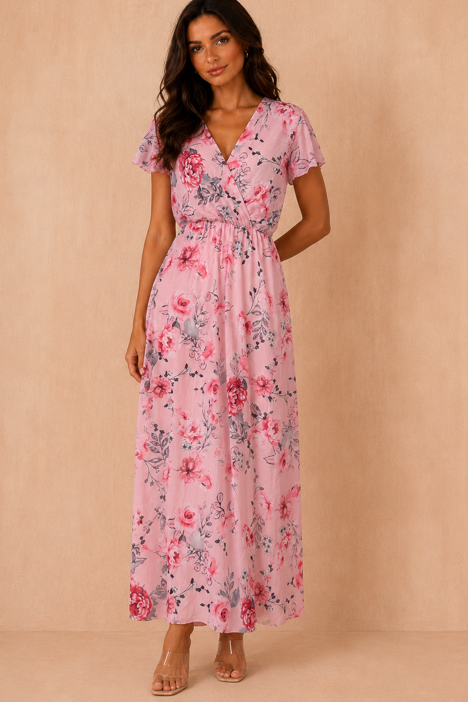Lydia Pink Chiffon Floral Wrap Dress