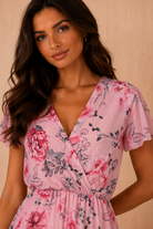 Lydia Pink Chiffon Floral Wrap Dress