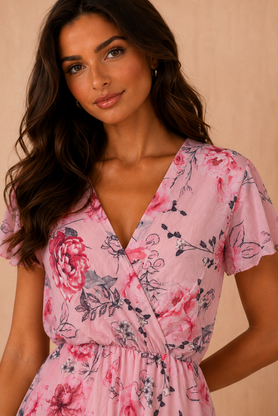 Lydia Pink Chiffon Floral Wrap Dress