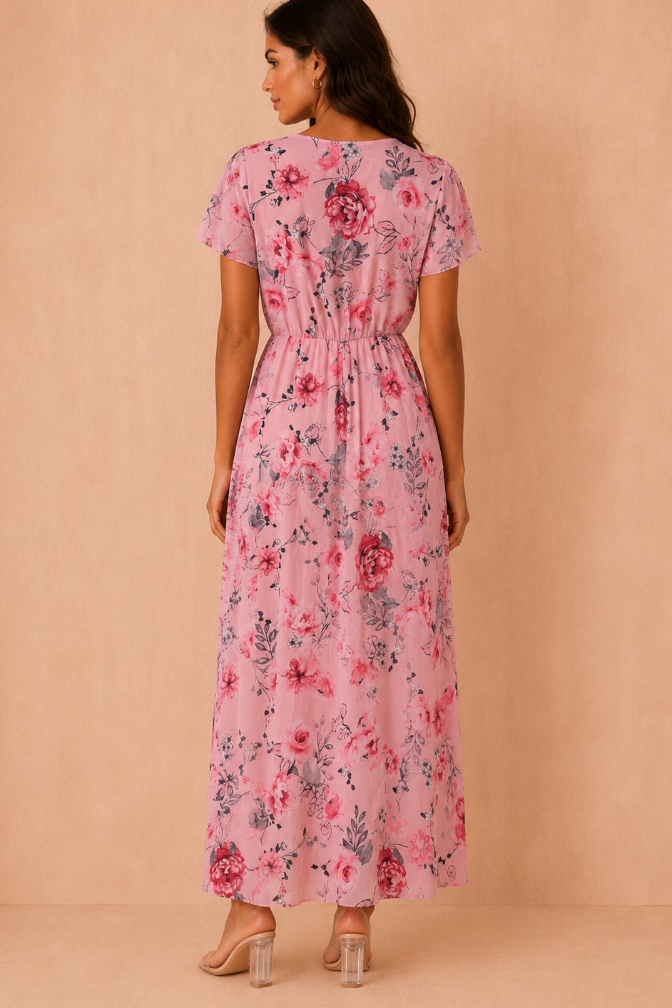 Lydia Pink Chiffon Floral Wrap Dress