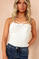 Maddie White Knit Ribbed Strappy Top