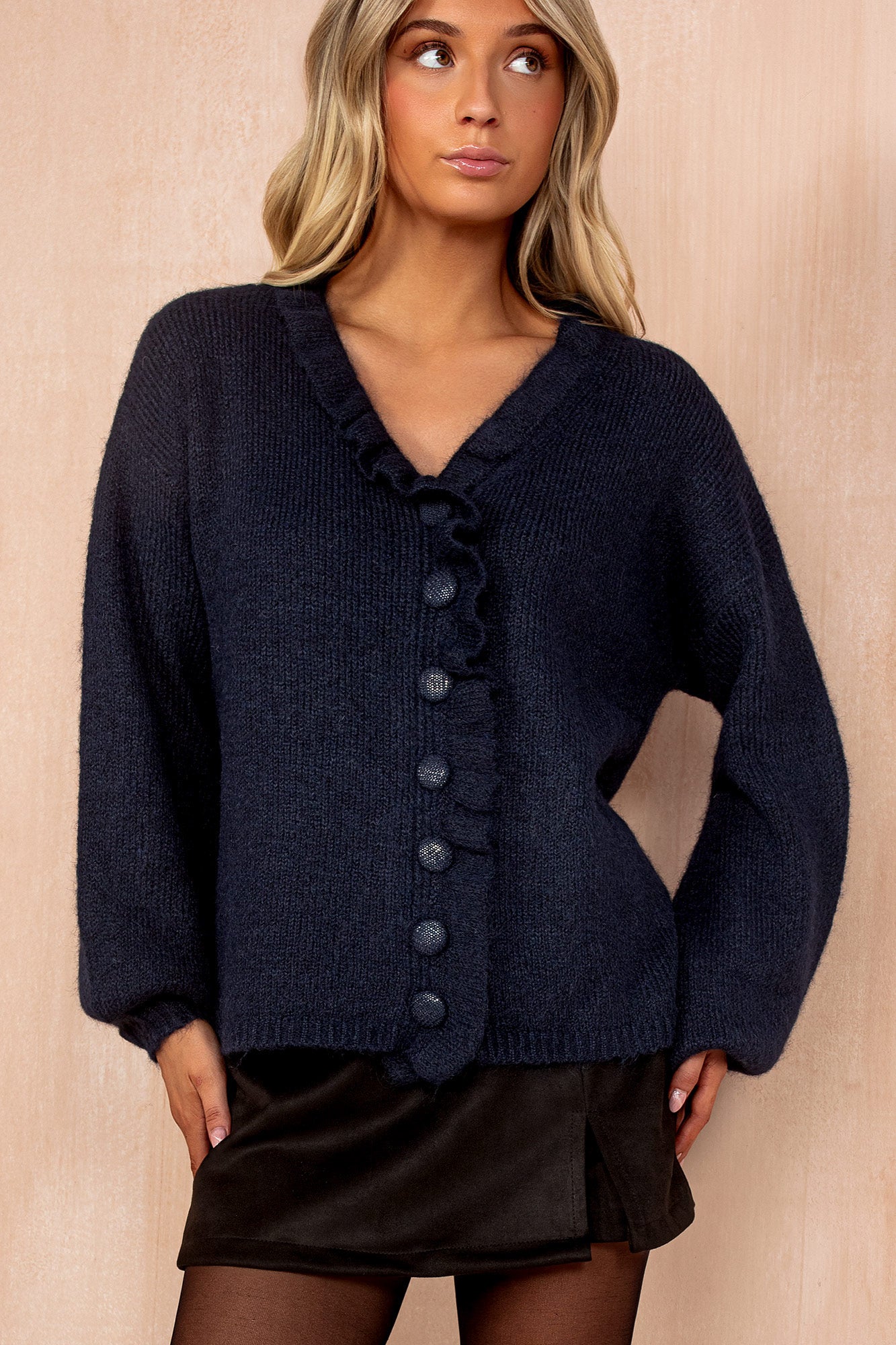 Mahira Navy Knit Frill Cardigan