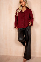 Mahira Wine Knit Frill Cardigan