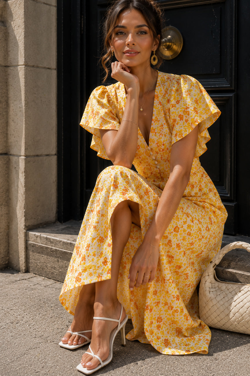 Malone Yellow Cotton Printed Maxi Dress