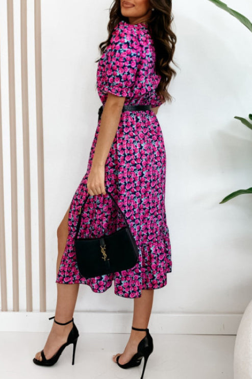 Mandy Pink and Navy Floral Midi Dress