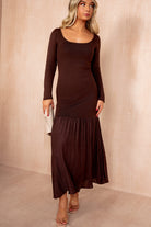 Mariah Chocolate Knit Chiffon Hem Maxi Dress