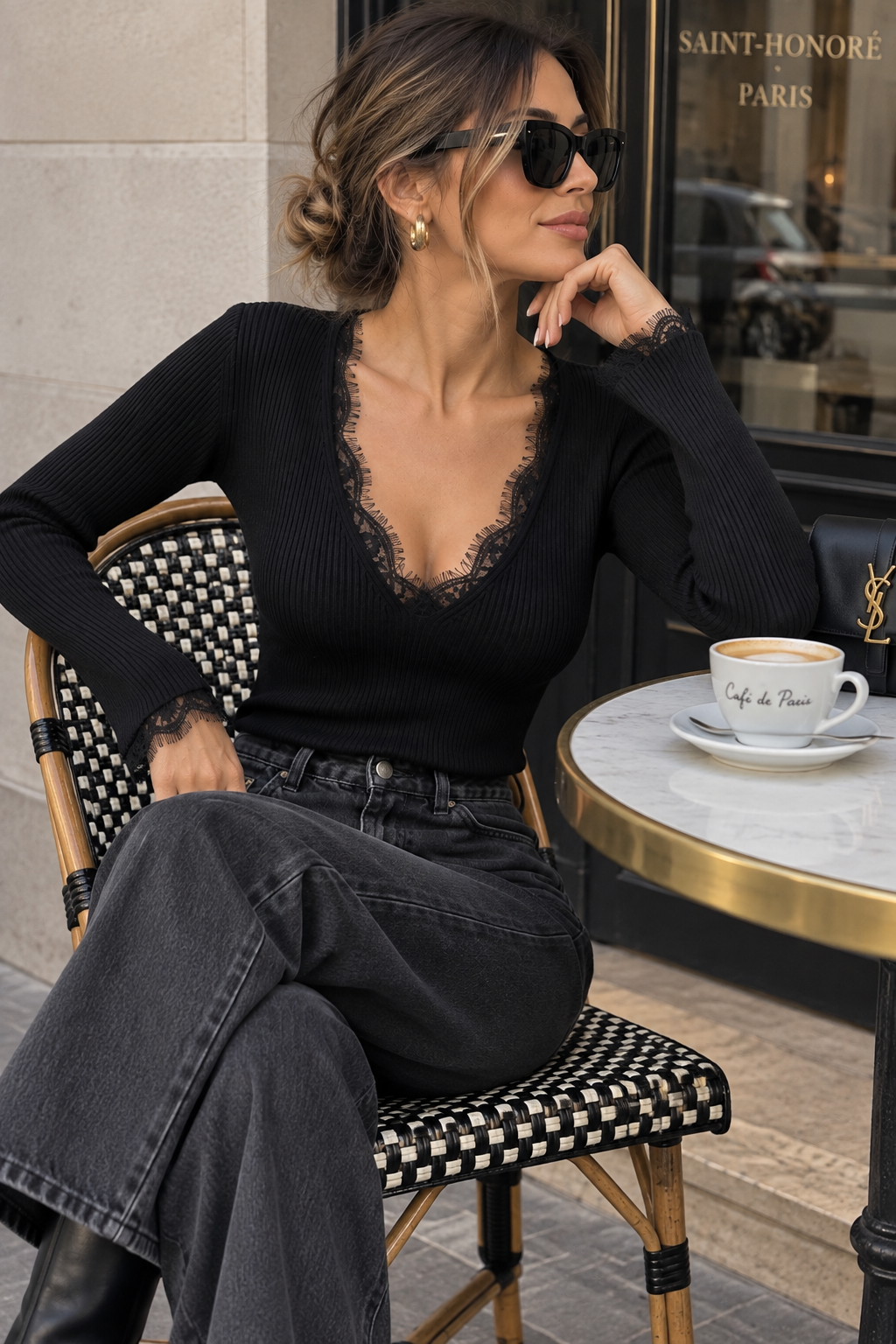 Mariana Black Knit Ribbed Lace Trim Top