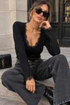 Mariana Black Knit Ribbed Lace Trim Top