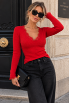 Mariana Red Knit Ribbed Lace Trim Top