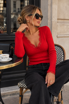 Mariana Red Knit Ribbed Lace Trim Top