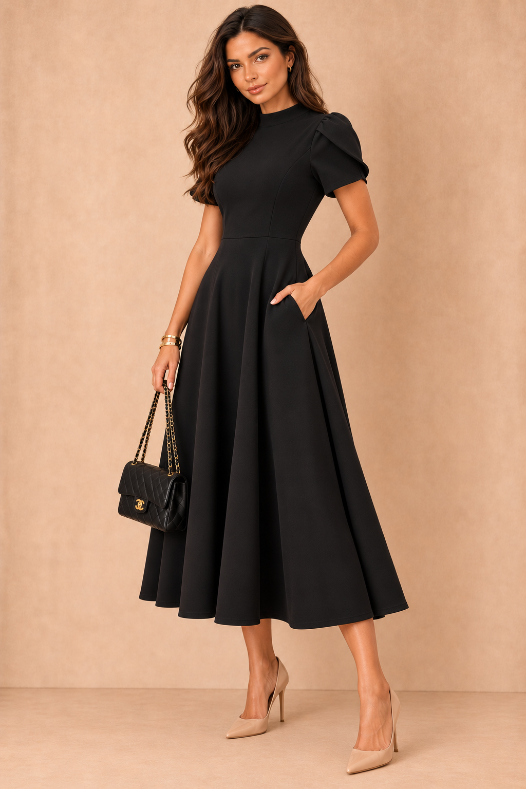 Marianna Black Tulip Sleeve Midi Dress