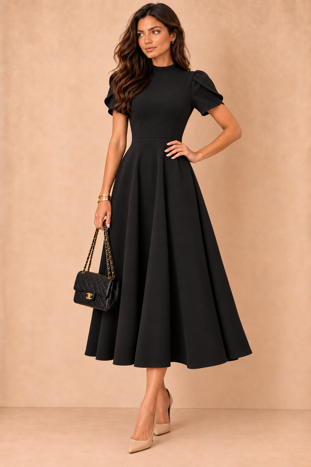Marianna Black Tulip Sleeve Midi Dress