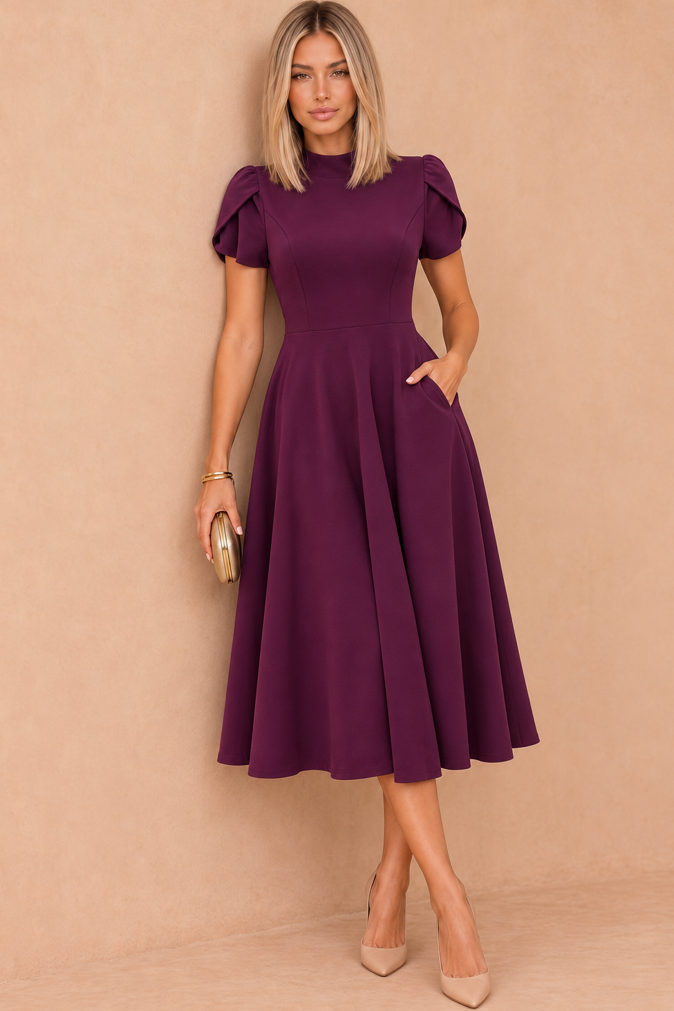 Marianna Plum Tulip Sleeve Midi Dress