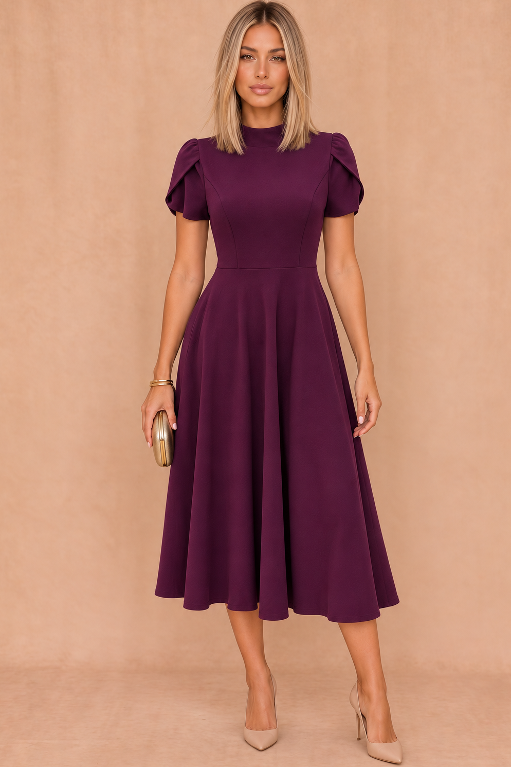 Marianna Plum Tulip Sleeve Midi Dress