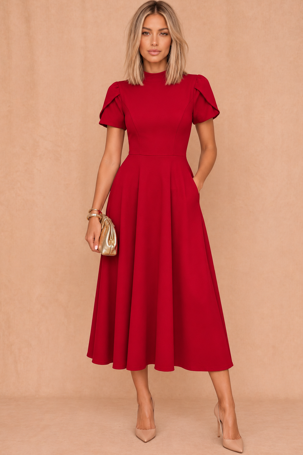 Marianna Red Tulip Sleeve Midi Dress
