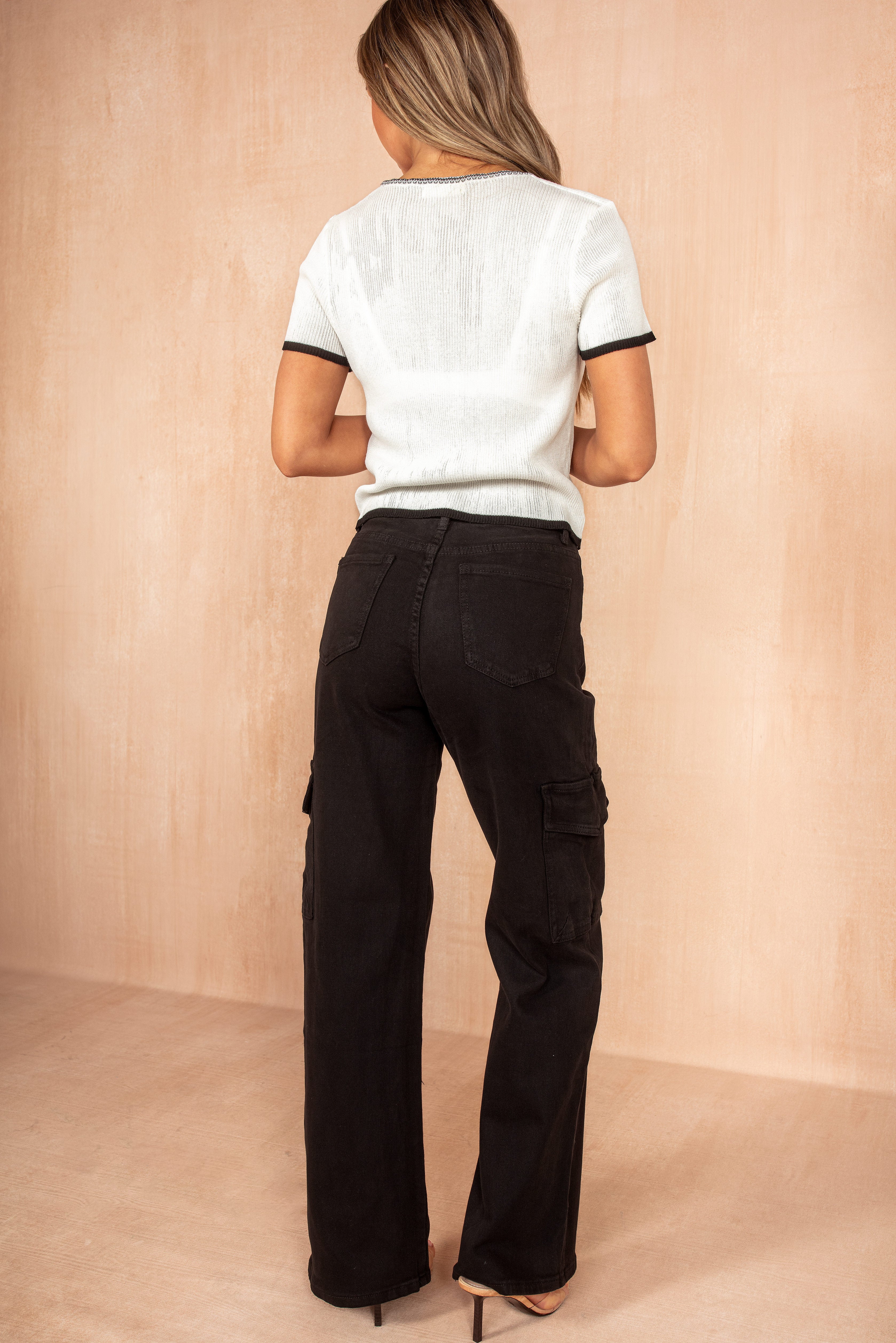 Marilyn White Ribbed Knit Contrast Trim Top