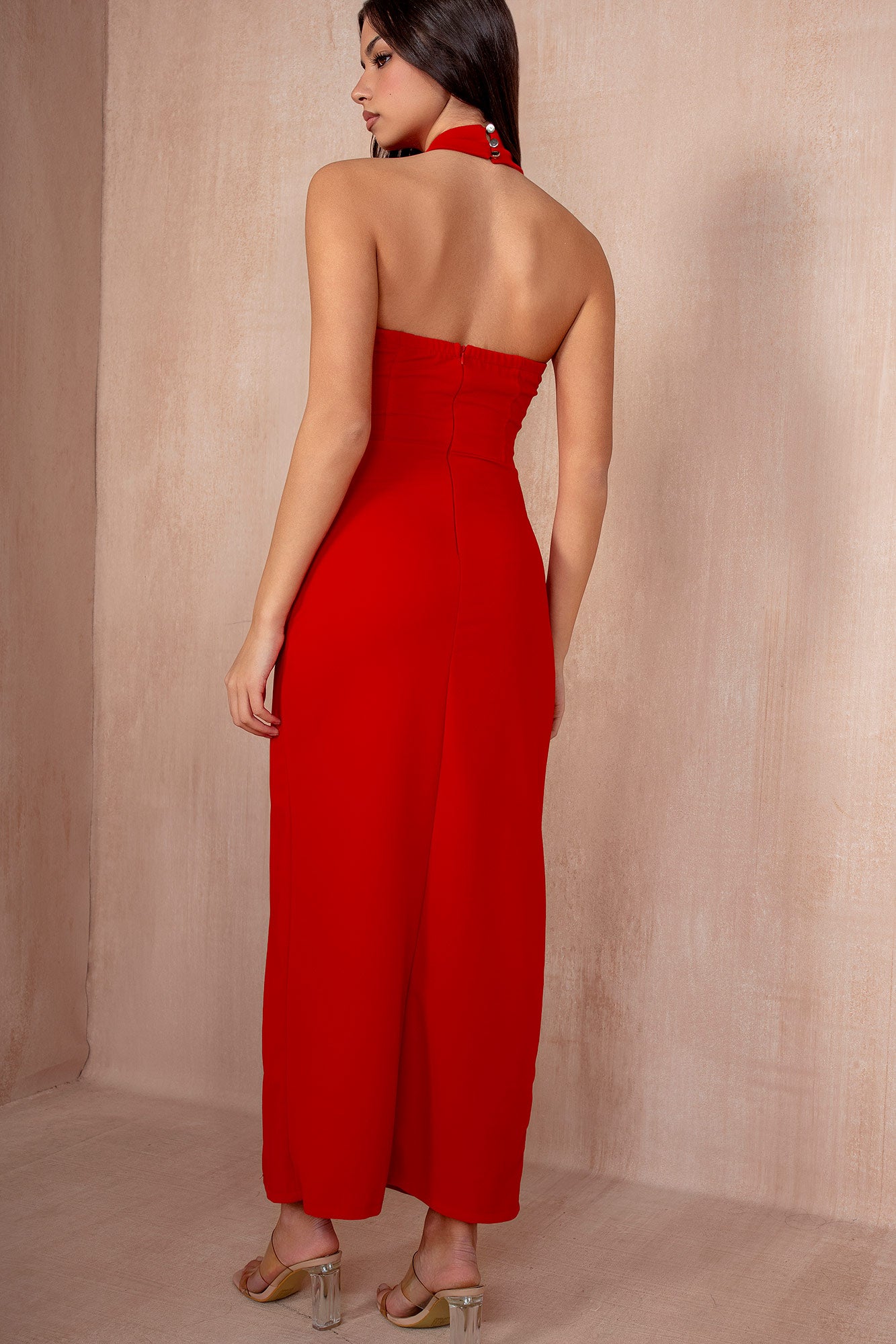 Marissa Red Halter Knot Midi Dress