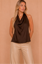Mary Chocolate Satin Cowl Neck Top