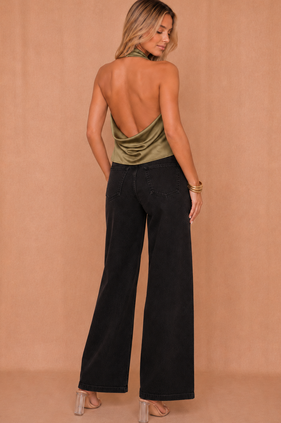 Mary Khaki Satin Cowl Neck Top