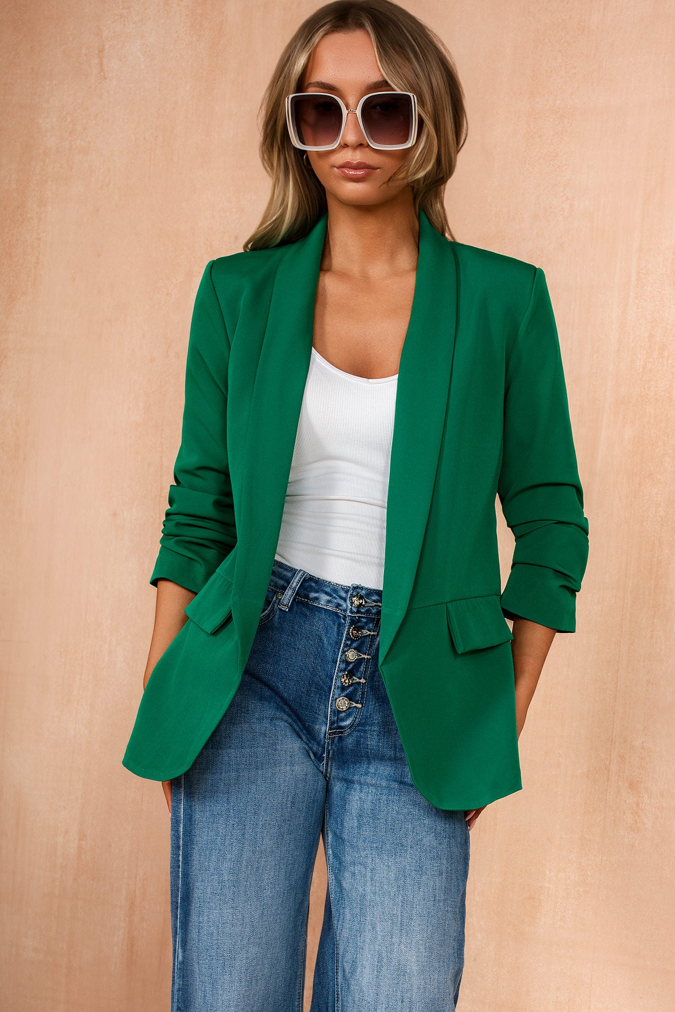 Maxine Green Ruched Sleeve Blazer