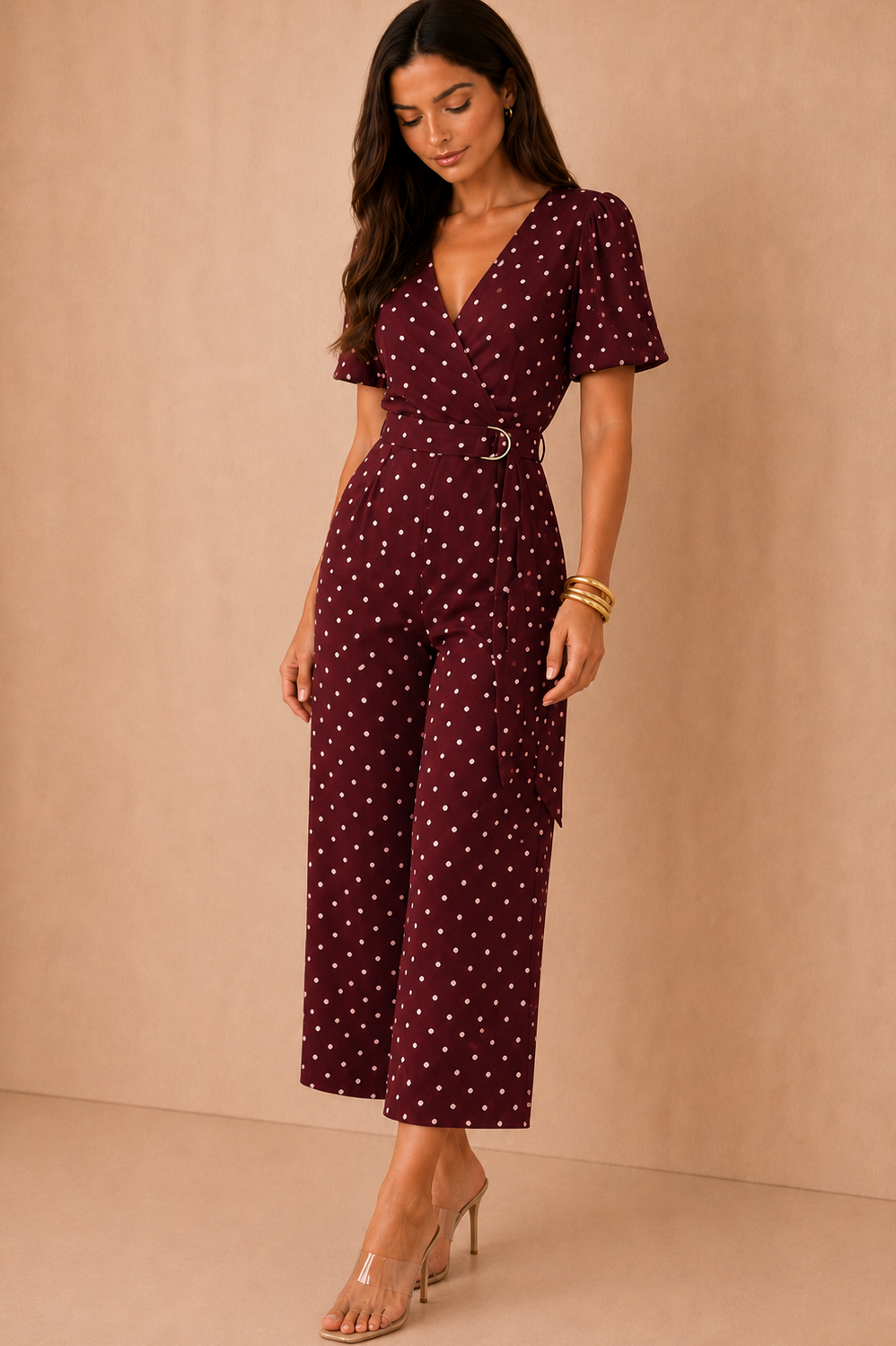Mia Burgundy Polka Dot Belted Wrap Jumpsuit