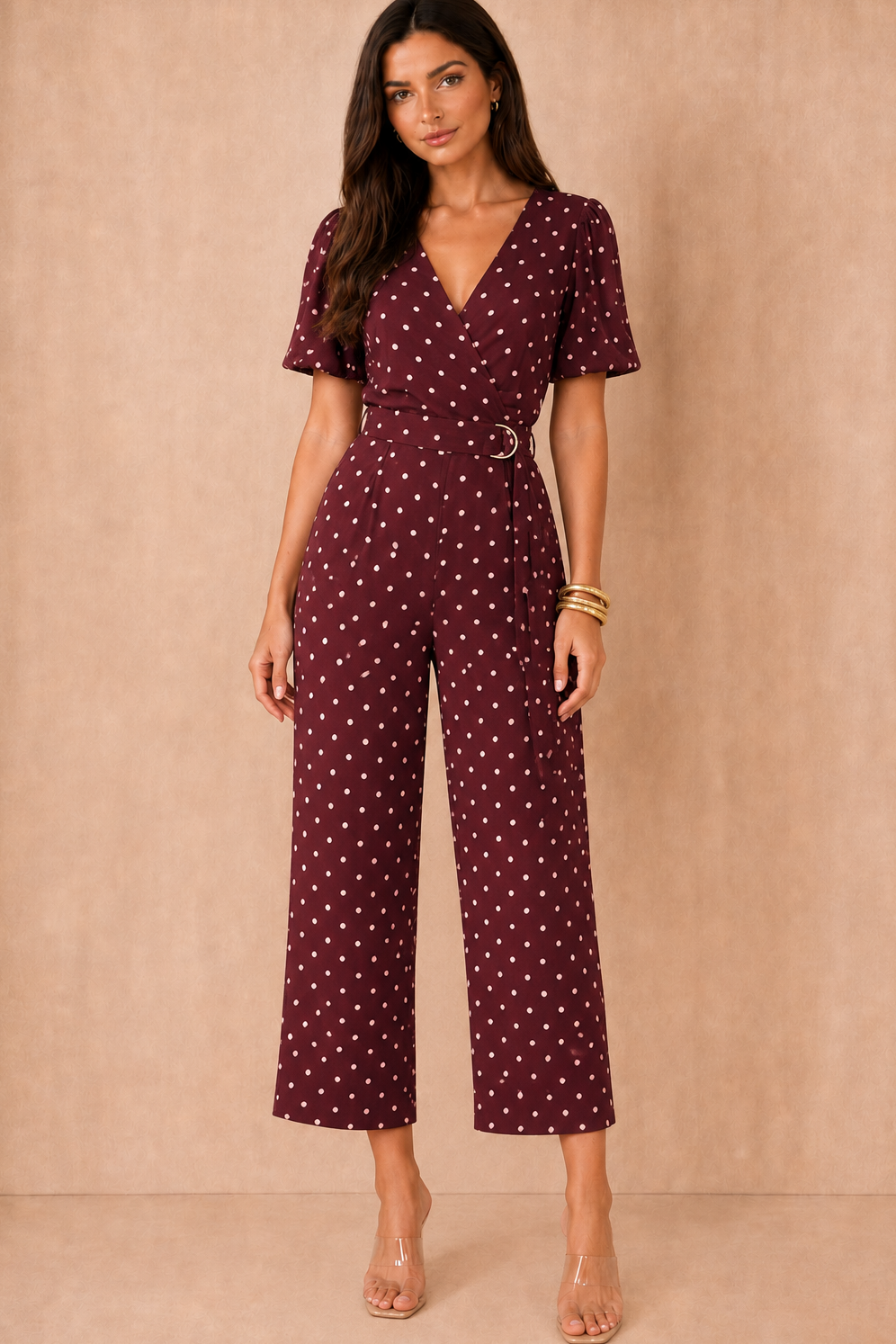 Mia Burgundy Polka Dot Belted Wrap Jumpsuit