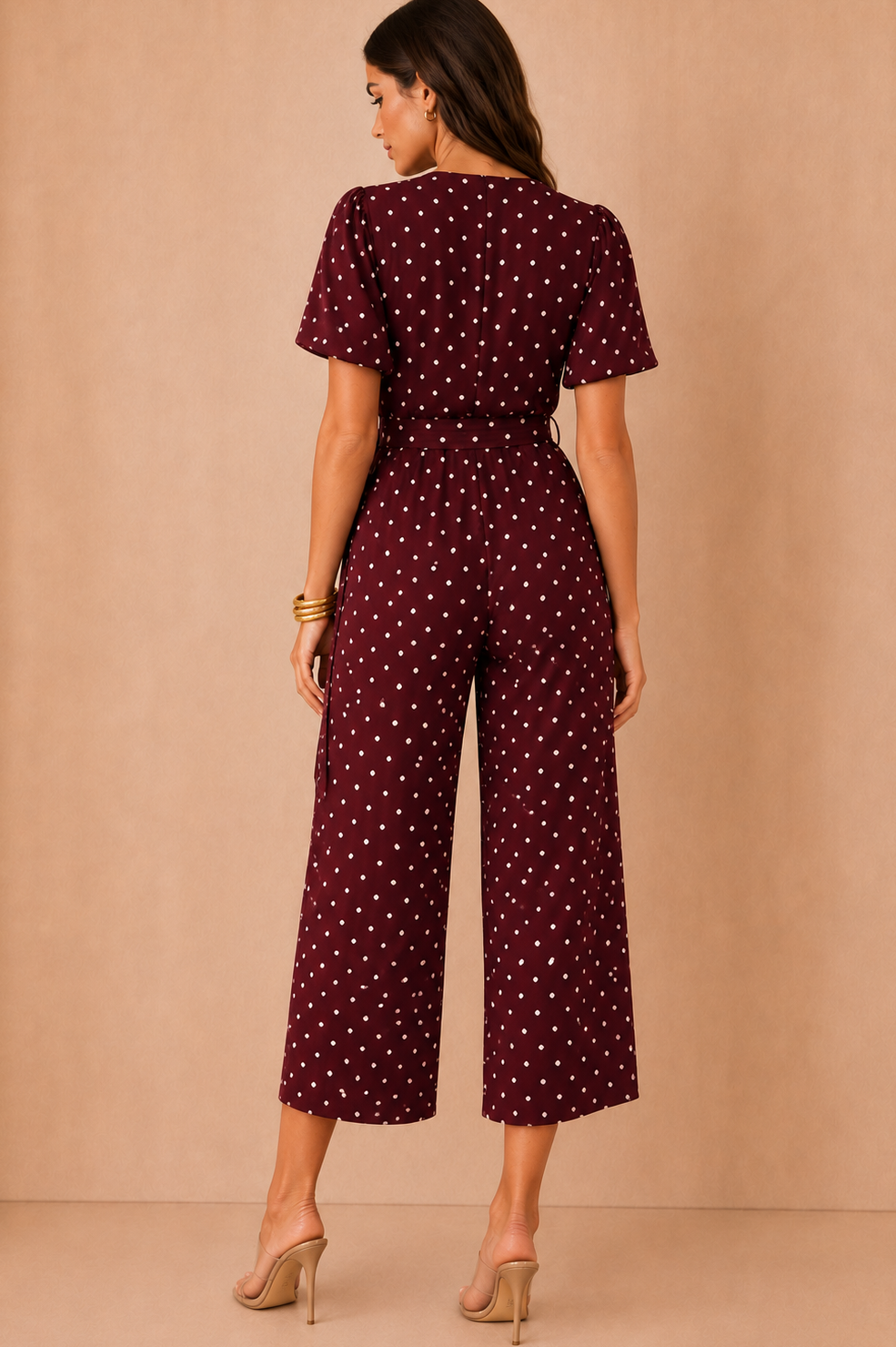 Mia Burgundy Polka Dot Belted Wrap Jumpsuit