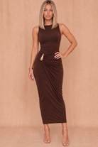 Mica Chocolate Hardware Detail Draped Midi Dress