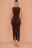Mica Chocolate Hardware Detail Draped Midi Dress