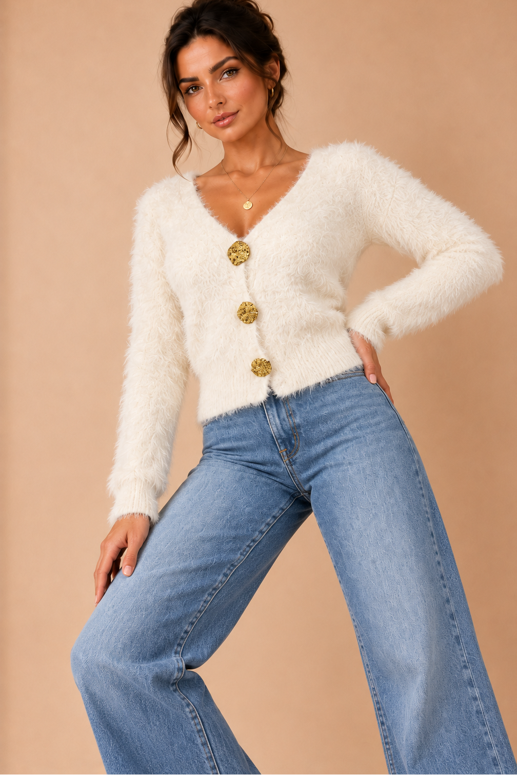 Mila Cream Fluffy Knit Cardigan