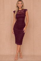 Millie Plum Ruched Lace Bodycon Midi Dress