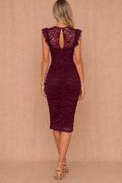 Millie Plum Ruched Lace Bodycon Midi Dress