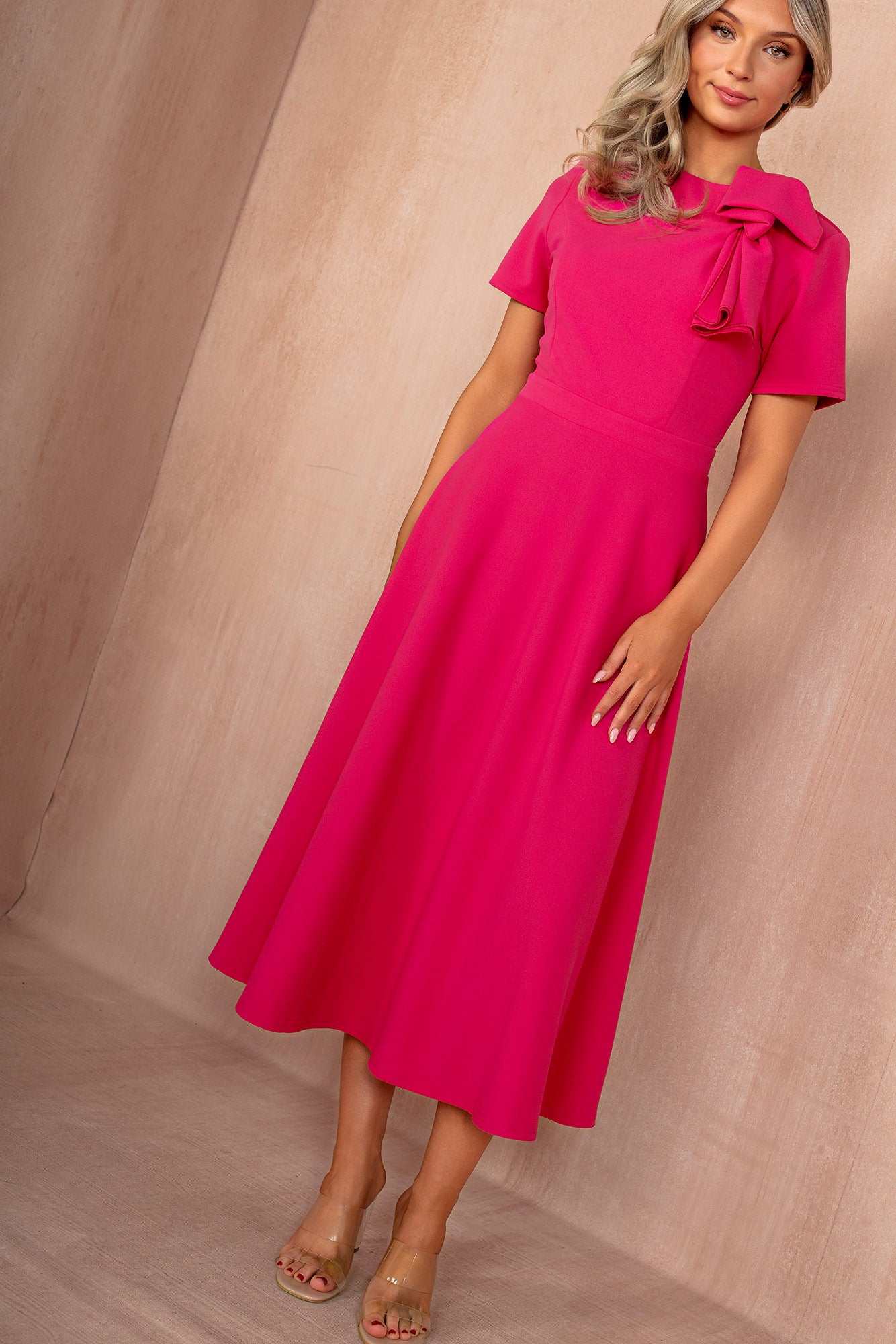 Minta Pink Bow Detail Midi Dress