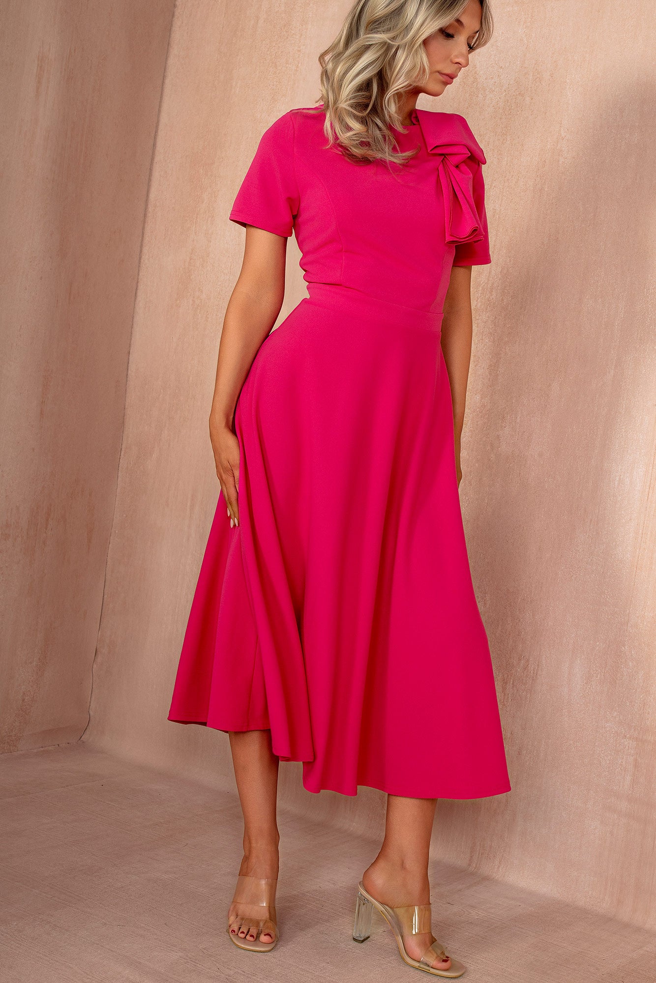 Minta Pink Bow Detail Midi Dress