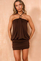 Miriam Chocolate Ruched Halter Neck Dress