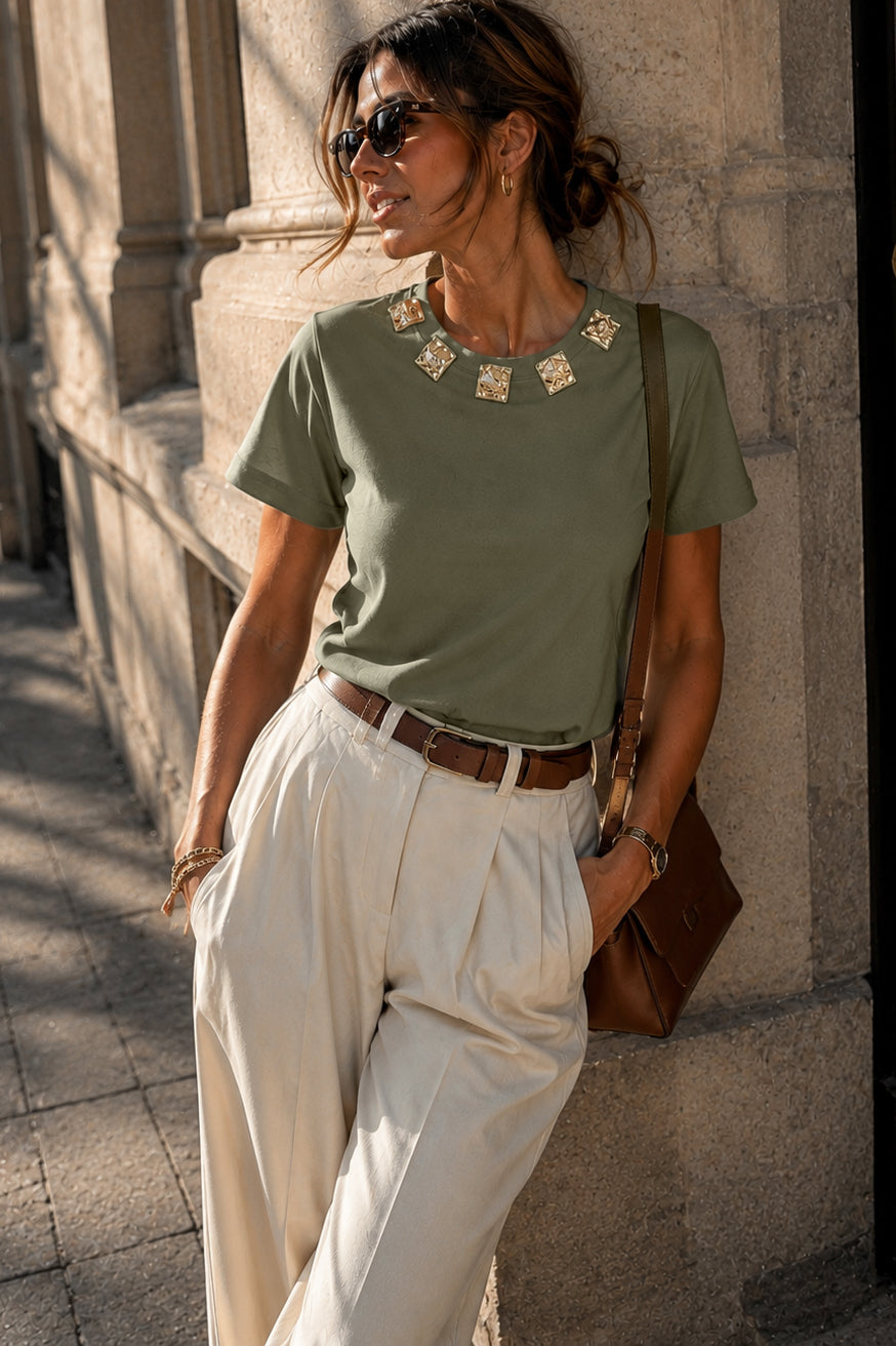 Monica Khaki Cotton Jewel T Shirt