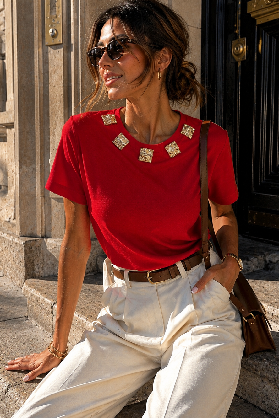 Monica Red Cotton Jewel T Shirt