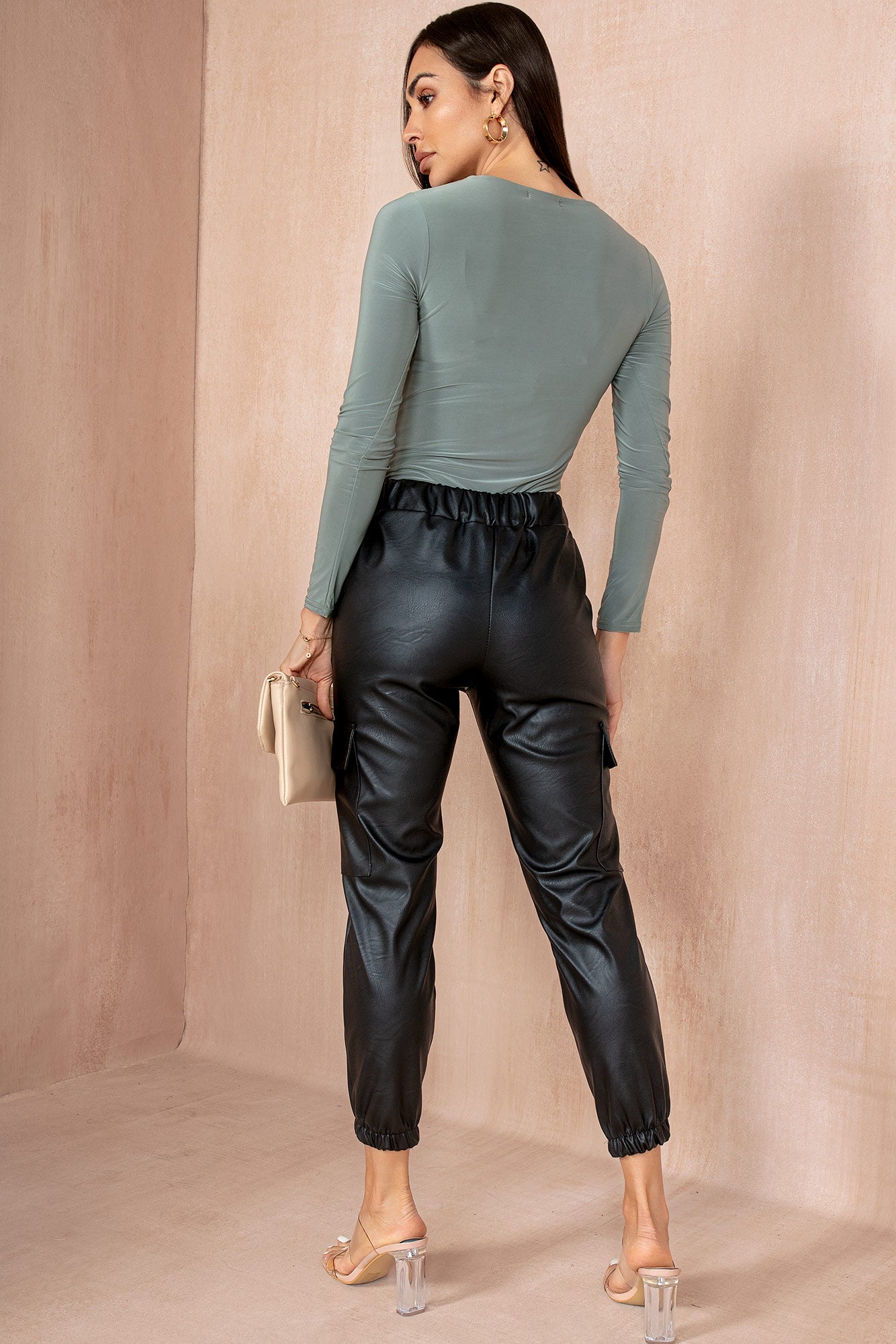 Nailah Black Faux Leather Cargo Trousers