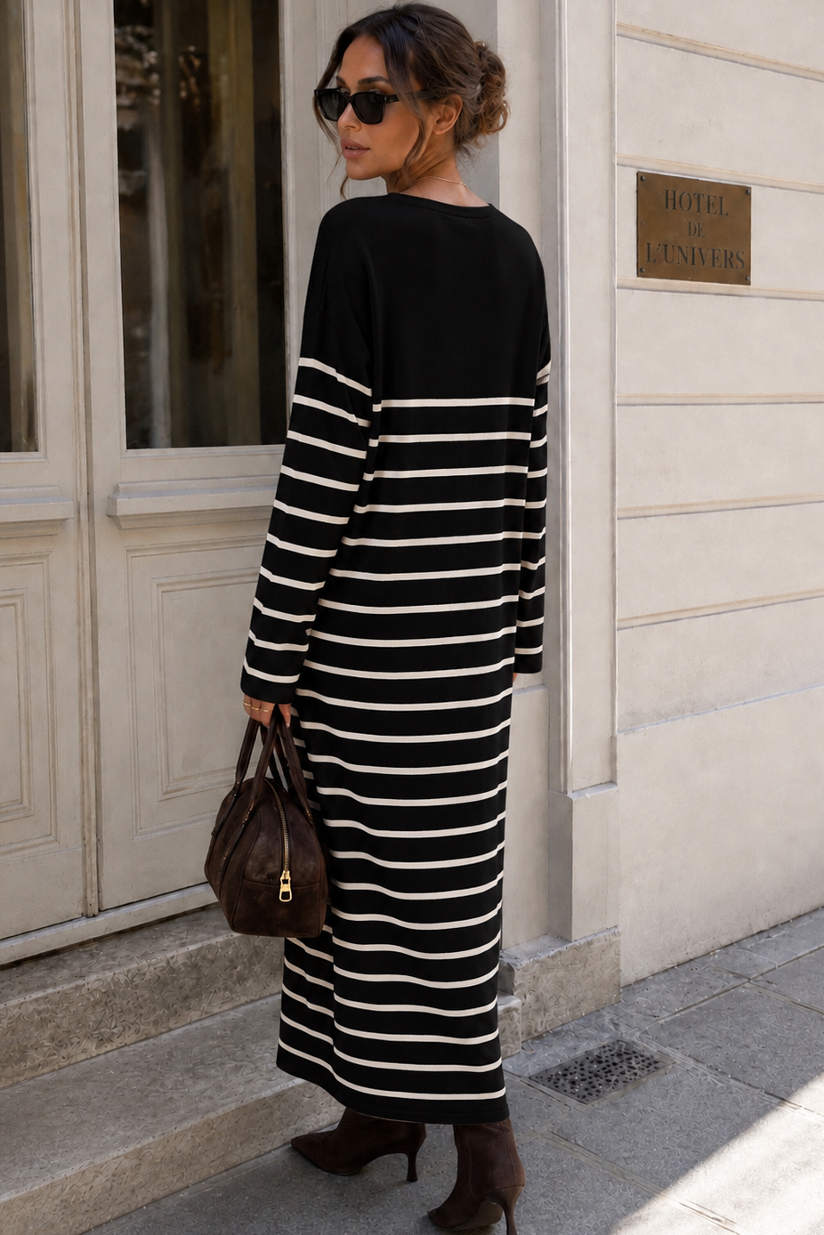 Nara Black Knit Striped Midi Dress