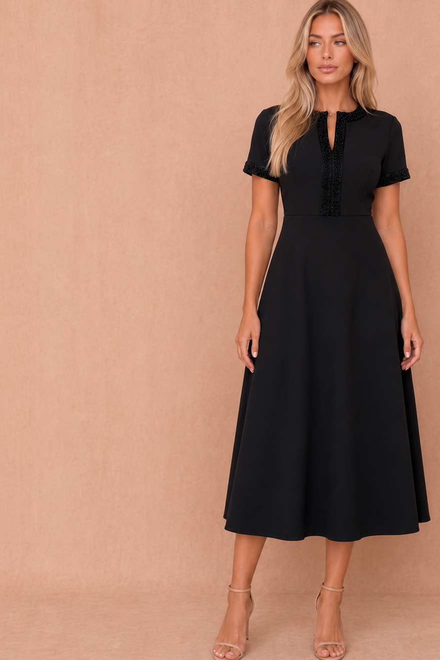 Natalia Black Beaded Midi Dress