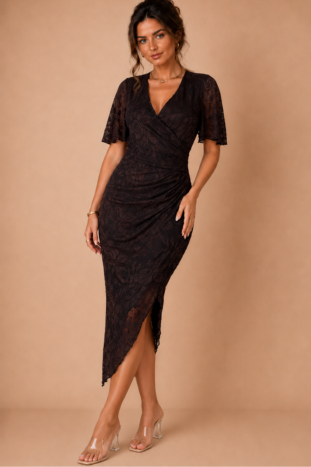 Natasha Chocolate Lace Wrap Midi Dress